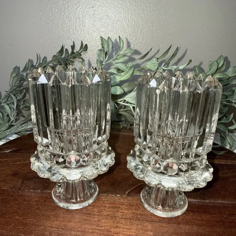 Vtg Cut Glass Reversible Candle Holders Pair Art Deco Style Crystal Look 4.5”